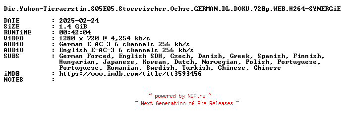 NFO for the release Die.Yukon-Tieraerztin.S05E05.Stoerrischer.Ochse.GERMAN.DL.DOKU.720p.WEB.H264-SYNERGiE by SYNERGiE