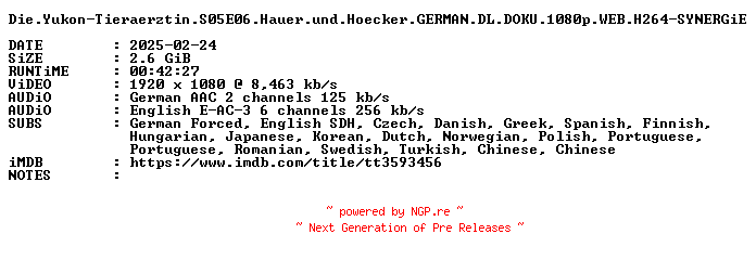 NFO for the release Die.Yukon-Tieraerztin.S05E06.Hauer.und.Hoecker.GERMAN.DL.DOKU.1080p.WEB.H264-SYNERGiE by SYNERGiE