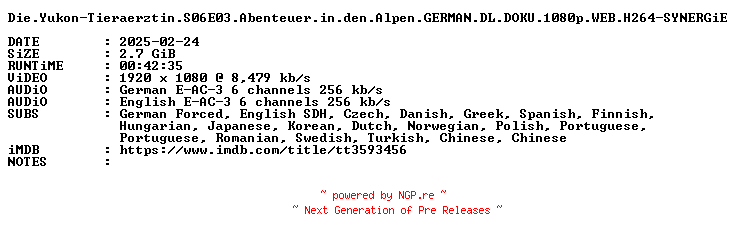 NFO for the release Die.Yukon-Tieraerztin.S06E03.Abenteuer.in.den.Alpen.GERMAN.DL.DOKU.1080p.WEB.H264-SYNERGiE by SYNERGiE