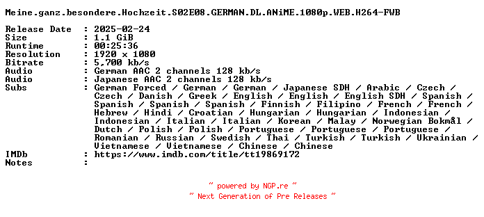 NFO for the release Meine.ganz.besondere.Hochzeit.S02E08.GERMAN.DL.ANiME.1080p.WEB.H264-FWB by FWB