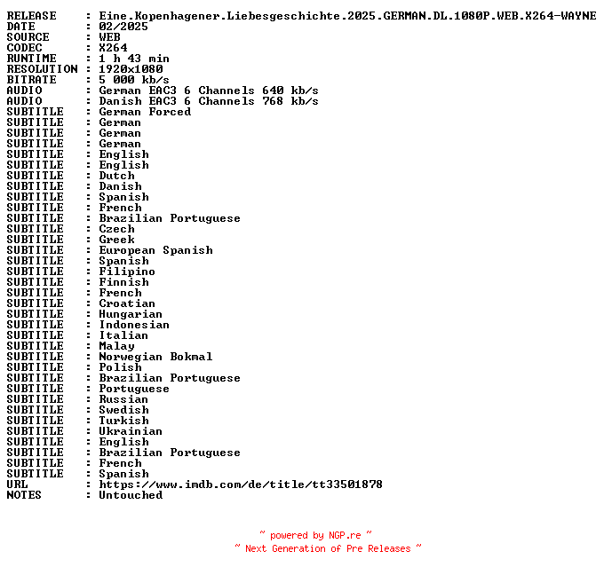 NFO for the release Eine.Kopenhagener.Liebesgeschichte.2025.GERMAN.DL.1080P.WEB.X264-WAYNE by WAYNE