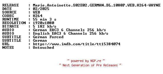NFO for the release Marie.Antoinette.S02E02.GERMAN.DL.1080P.WEB.H264-WAYNE by WAYNE
