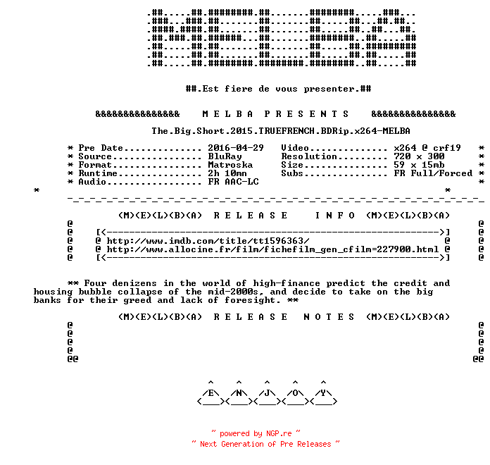 NFO for the release The.Big.Short.2015.TRUEFRENCH.BDRip.x264-MELBA by MELBA