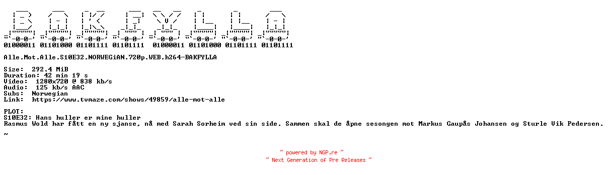 NFO for the release Alle.Mot.Alle.S10E32.NORWEGiAN.720p.WEB.h264-BAKFYLLA by BAKFYLLA