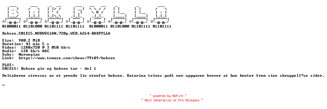 NFO for the release Boksen.S01E15.NORWEGiAN.720p.WEB.h264-BAKFYLLA by BAKFYLLA