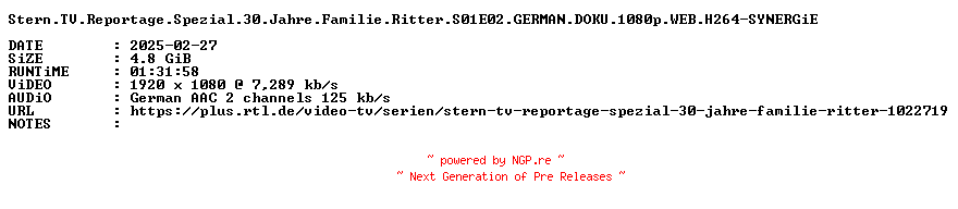 NFO for the release Stern.TV.Reportage.Spezial.30.Jahre.Familie.Ritter.S01E02.GERMAN.DOKU.1080p.WEB.H264-SYNERGiE by SYNERGiE
