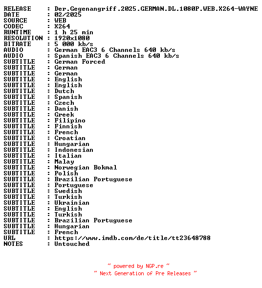 NFO for the release Der.Gegenangriff.2025.GERMAN.DL.1080P.WEB.X264-WAYNE by WAYNE