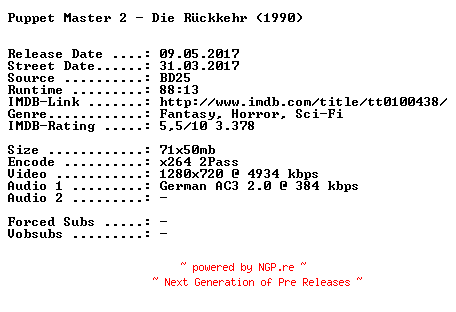 NFO for the release Puppet.Master.2.Die.Rueckkehr.1990.German.720p.BluRay.x264-SPiCY by SPiCY