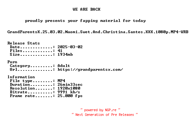 NFO for the release GrandParentsX.25.03.02.Naomi.Swet.And.Christina.Santes.XXX.1080p.MP4-WRB by WRB