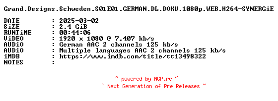 NFO for the release Grand.Designs.Schweden.S01E01.GERMAN.DL.DOKU.1080p.WEB.H264-SYNERGiE by SYNERGiE
