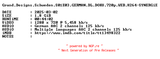 NFO for the release Grand.Designs.Schweden.S01E03.GERMAN.DL.DOKU.720p.WEB.H264-SYNERGiE by SYNERGiE