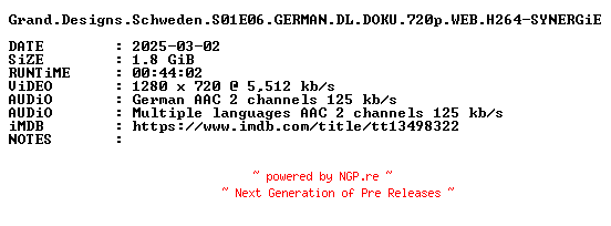 NFO for the release Grand.Designs.Schweden.S01E06.GERMAN.DL.DOKU.720p.WEB.H264-SYNERGiE by SYNERGiE
