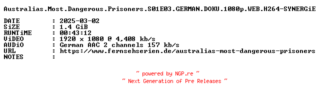 NFO for the release Australias.Most.Dangerous.Prisoners.S01E03.GERMAN.DOKU.1080p.WEB.H264-SYNERGiE by SYNERGiE
