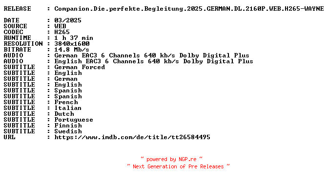 NFO for the release Companion.Die.perfekte.Begleitung.2025.GERMAN.DL.2160P.WEB.H265-WAYNE by WAYNE