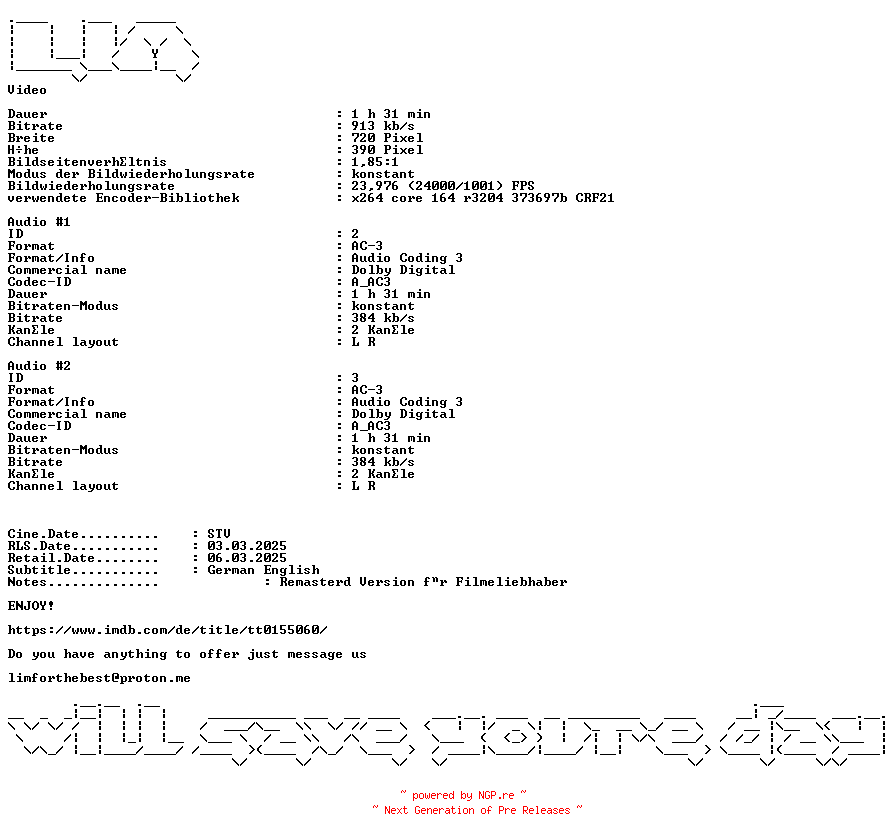 NFO for the release Das.Gesetz.ist.der.Tod.German.1988.AC3.DL.Remasterd.BDRip.x264-LIM by LIM