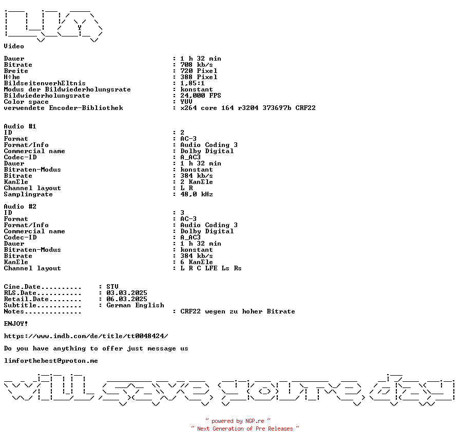 NFO for the release Die.Nacht.des.Jaegers.German.DL.1955.Remastered.AC3.BDRiP.x264-LIM by LIM