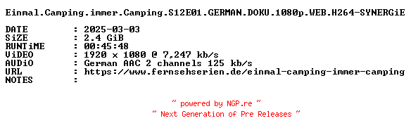 NFO for the release Einmal.Camping.immer.Camping.S12E01.GERMAN.DOKU.1080p.WEB.H264-SYNERGiE by SYNERGiE