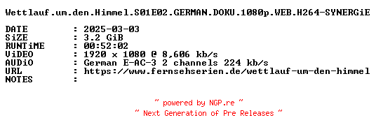 NFO for the release Wettlauf.um.den.Himmel.S01E02.GERMAN.DOKU.1080p.WEB.H264-SYNERGiE by SYNERGiE