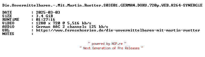 NFO for the release Die.Unvermittelbaren.-.Mit.Martin.Ruetter.S03E01.GERMAN.DOKU.720p.WEB.H264-SYNERGiE by SYNERGiE