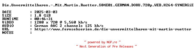 NFO for the release Die.Unvermittelbaren.-.Mit.Martin.Ruetter.S04E01.GERMAN.DOKU.720p.WEB.H264-SYNERGiE by SYNERGiE