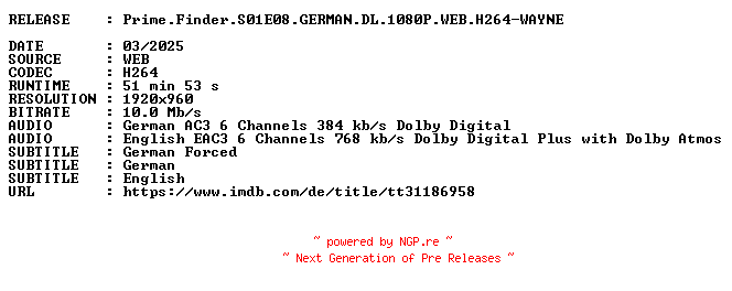 NFO for the release Prime.Finder.S01E08.GERMAN.DL.1080P.WEB.H264-WAYNE by WAYNE