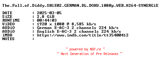 NFO for the release The.Fall.of.Diddy.S01E02.GERMAN.DL.DOKU.1080p.WEB.H264-SYNERGiE by SYNERGiE