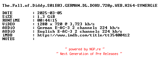 NFO for the release The.Fall.of.Diddy.S01E03.GERMAN.DL.DOKU.720p.WEB.H264-SYNERGiE by SYNERGiE