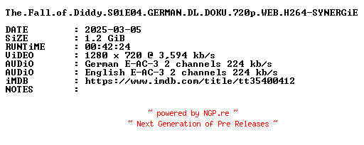 NFO for the release The.Fall.of.Diddy.S01E04.GERMAN.DL.DOKU.720p.WEB.H264-SYNERGiE by SYNERGiE