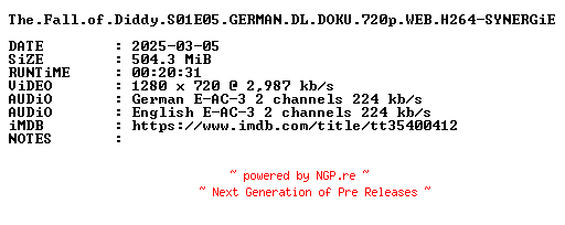 NFO for the release The.Fall.of.Diddy.S01E05.GERMAN.DL.DOKU.720p.WEB.H264-SYNERGiE by SYNERGiE