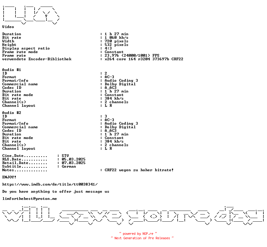 NFO for the release Seinetwegen.German.DL.1946.AC3.BDRip.x264-LIM by LIM