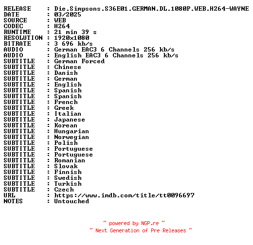 NFO for the release Die.Simpsons.S36E01.GERMAN.DL.1080P.WEB.H264-WAYNE by WAYNE