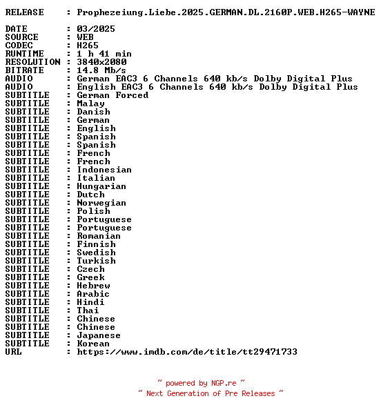 NFO for the release Prophezeiung.Liebe.2025.GERMAN.DL.2160P.WEB.H265-WAYNE by WAYNE