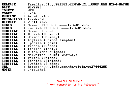 NFO for the release Paradise.City.S01E02.GERMAN.DL.1080P.WEB.H264-WAYNE by WAYNE