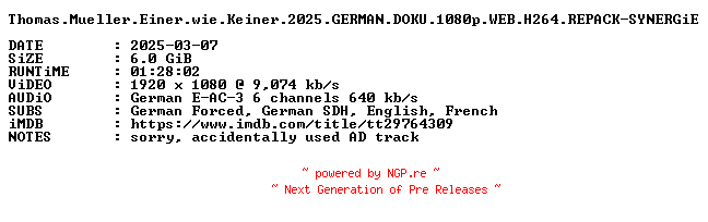 NFO for the release Thomas.Mueller.Einer.wie.Keiner.2025.GERMAN.DOKU.1080p.WEB.H264.REPACK-SYNERGiE by SYNERGiE