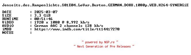 NFO for the release Jenseits.des.Rampenlichts.S01E04.LeVar.Burton.GERMAN.DOKU.1080p.WEB.H264-SYNERGiE by SYNERGiE