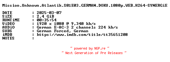 NFO for the release Mission.Unknown.Atlantik.S01E03.GERMAN.DOKU.1080p.WEB.H264-SYNERGiE by SYNERGiE