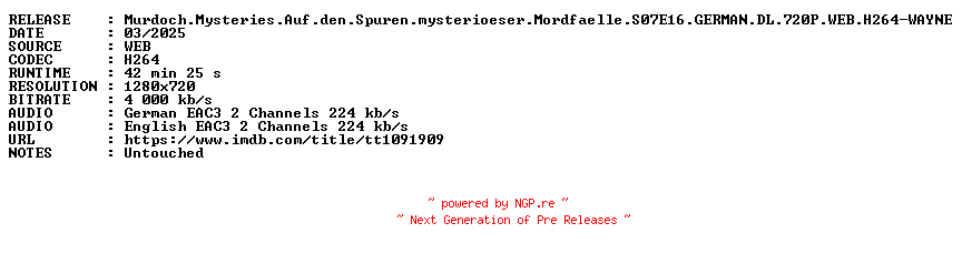 NFO for the release Murdoch.Mysteries.Auf.den.Spuren.mysterioeser.Mordfaelle.S07E16.GERMAN.DL.720P.WEB.H264-WAYNE by WAYNE
