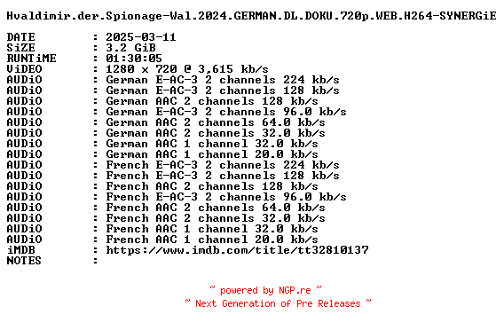NFO for the release Hvaldimir.der.Spionage-Wal.2024.GERMAN.DL.DOKU.720p.WEB.H264-SYNERGiE by SYNERGiE