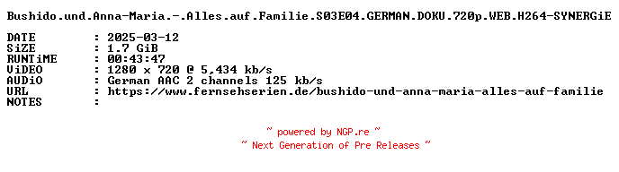 NFO for the release Bushido.und.Anna-Maria.-.Alles.auf.Familie.S03E04.GERMAN.DOKU.720p.WEB.H264-SYNERGiE by SYNERGiE