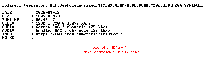 NFO for the release Police.Interceptors.Auf.Verfolgungsjagd.S19E09.GERMAN.DL.DOKU.720p.WEB.H264-SYNERGiE by SYNERGiE
