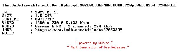 NFO for the release The.UnBelievable.mit.Dan.Aykroyd.S02E01.GERMAN.DOKU.720p.WEB.H264-SYNERGiE by SYNERGiE