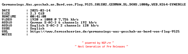 NFO for the release Germanwings.Was.geschah.an.Bord.von.Flug.9525.S01E02.GERMAN.DL.DOKU.1080p.WEB.H264-SYNERGiE by SYNERGiE