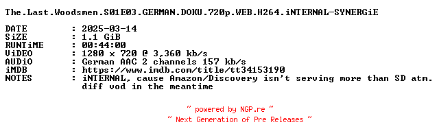 NFO for the release The.Last.Woodsmen.S01E03.GERMAN.DOKU.720p.WEB.H264.iNTERNAL-SYNERGiE by SYNERGiE