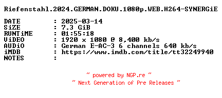 NFO for the release Riefenstahl.2024.GERMAN.DOKU.1080p.WEB.H264-SYNERGiE by SYNERGiE