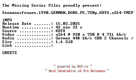 NFO for the release Seemannsfrauen.1990.GERMAN.DOKU.FS.720p.HDTV.x264-TMSF by TMSF