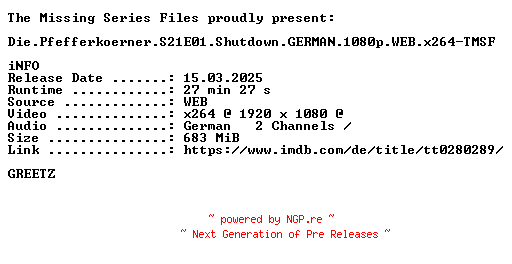 NFO for the release Die.Pfefferkoerner.S21E01.Shutdown.GERMAN.1080p.WEB.x264-TMSF by TMSF