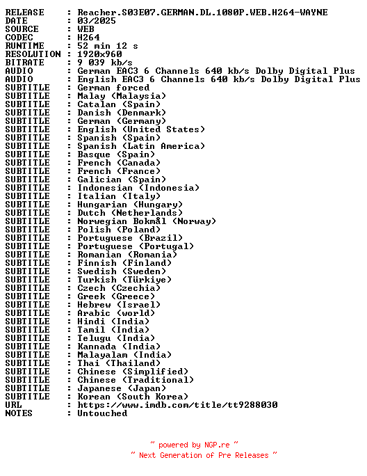 NFO for the release Reacher.S03E07.GERMAN.DL.1080P.WEB.H264-WAYNE by WAYNE