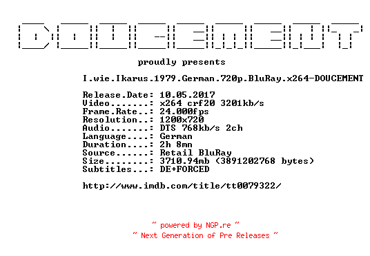 NFO for the release I.wie.Ikarus.1979.German.720p.BluRay.x264-DOUCEMENT by DOUCEMENT