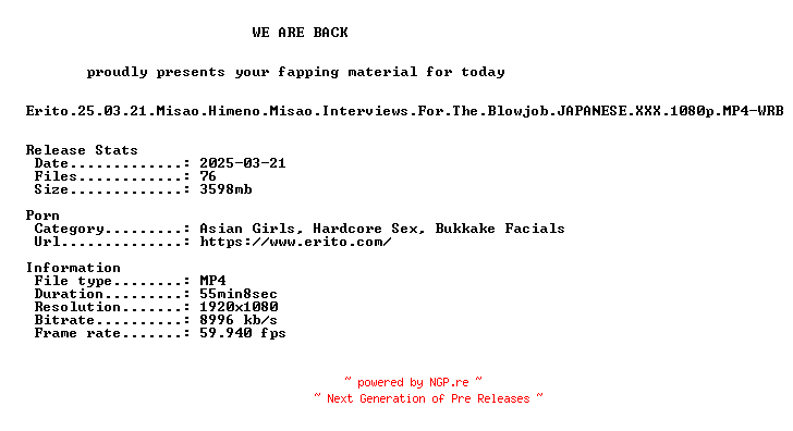 NFO for the release Erito.25.03.21.Misao.Himeno.Misao.Interviews.For.The.Blowjob.JAPANESE.XXX.1080p.MP4-WRB by WRB