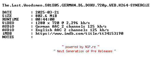 NFO for the release The.Last.Woodsmen.S01E05.GERMAN.DL.DOKU.720p.WEB.H264-SYNERGiE by SYNERGiE